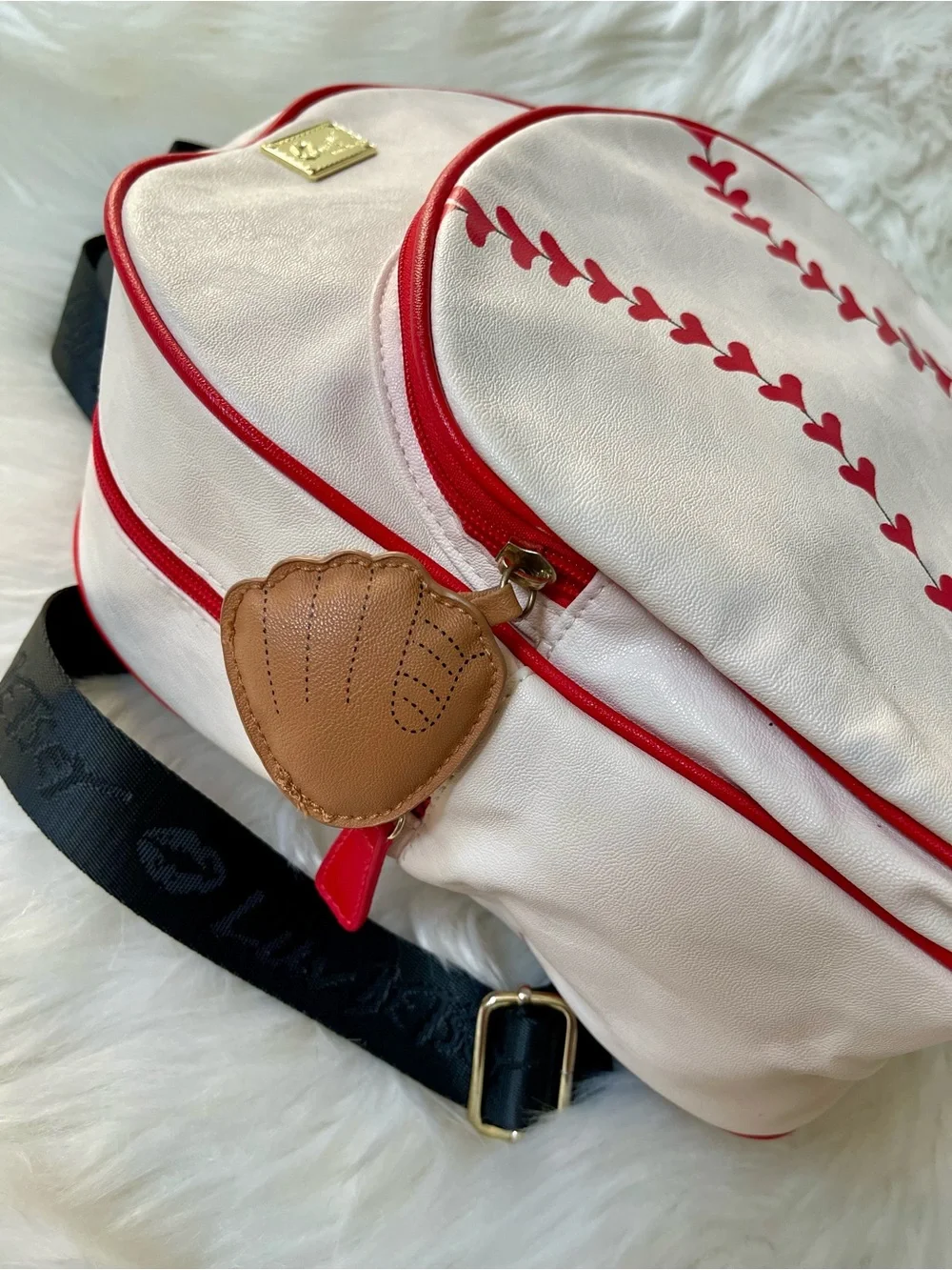 Betsey Johnson Baseball Backpack White Red Novelty Sports Bag Glove Charm